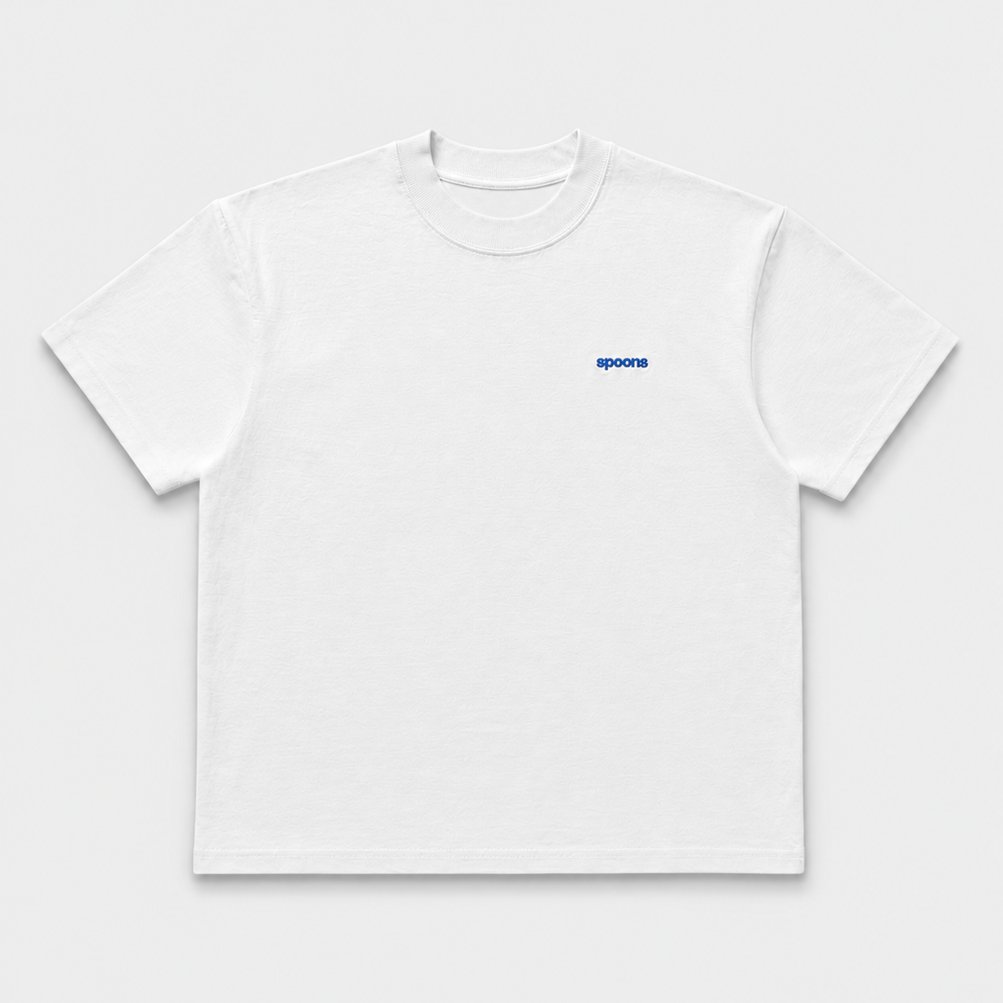 A white short-sleeve crewneck t-shirt with a small blue 'spoons' logo embroidered on the left chest