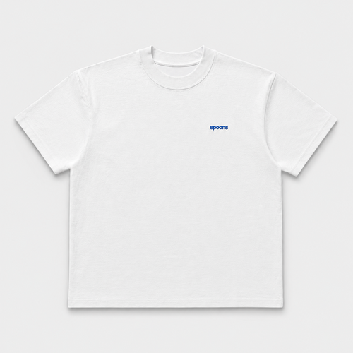 A white short-sleeve crewneck t-shirt with a small blue 'spoons' logo embroidered on the left chest